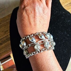 Vintage Statement Silver-tone with Clear Crystals and Chains Bracelet